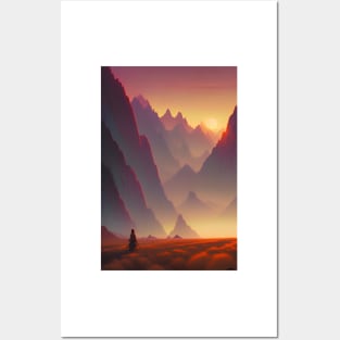 Anime Girl - Mountain Range at Sunset Landscape Posters and Art